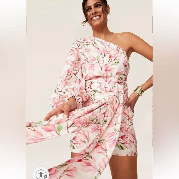 Bronx and Banco Layla mini dress pink floral print sash drape white Revolve L - Picture 11 of 13